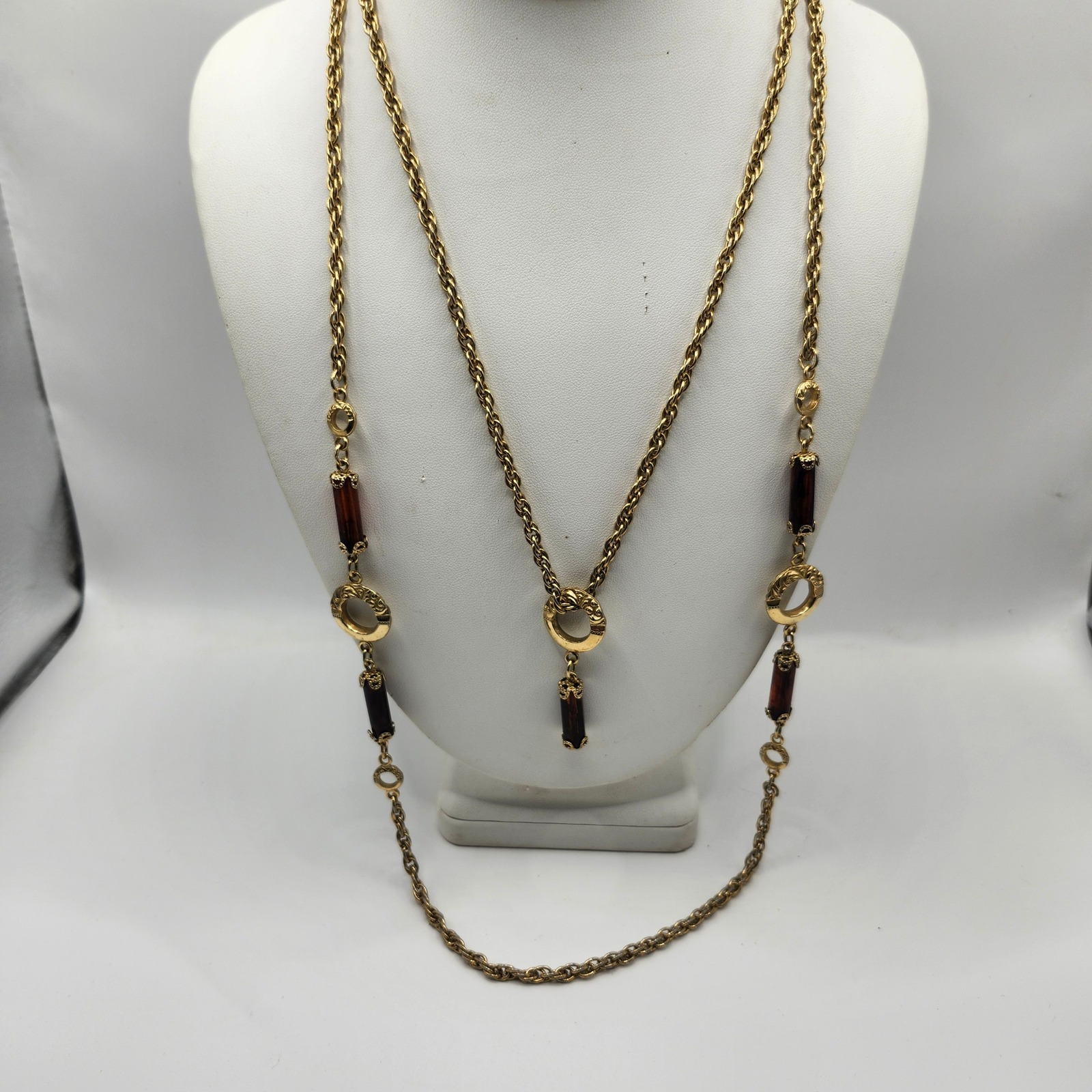 Vintage Sarah Coventry Gold Tone Amber Lucite Bead Long Station Necklace 2 In 1 27$